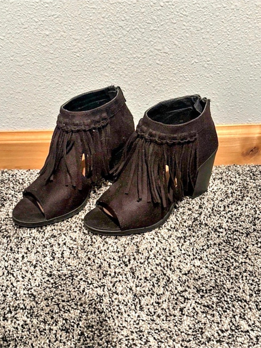 SODA Fringe Peep Toe Ankle Booties in Black